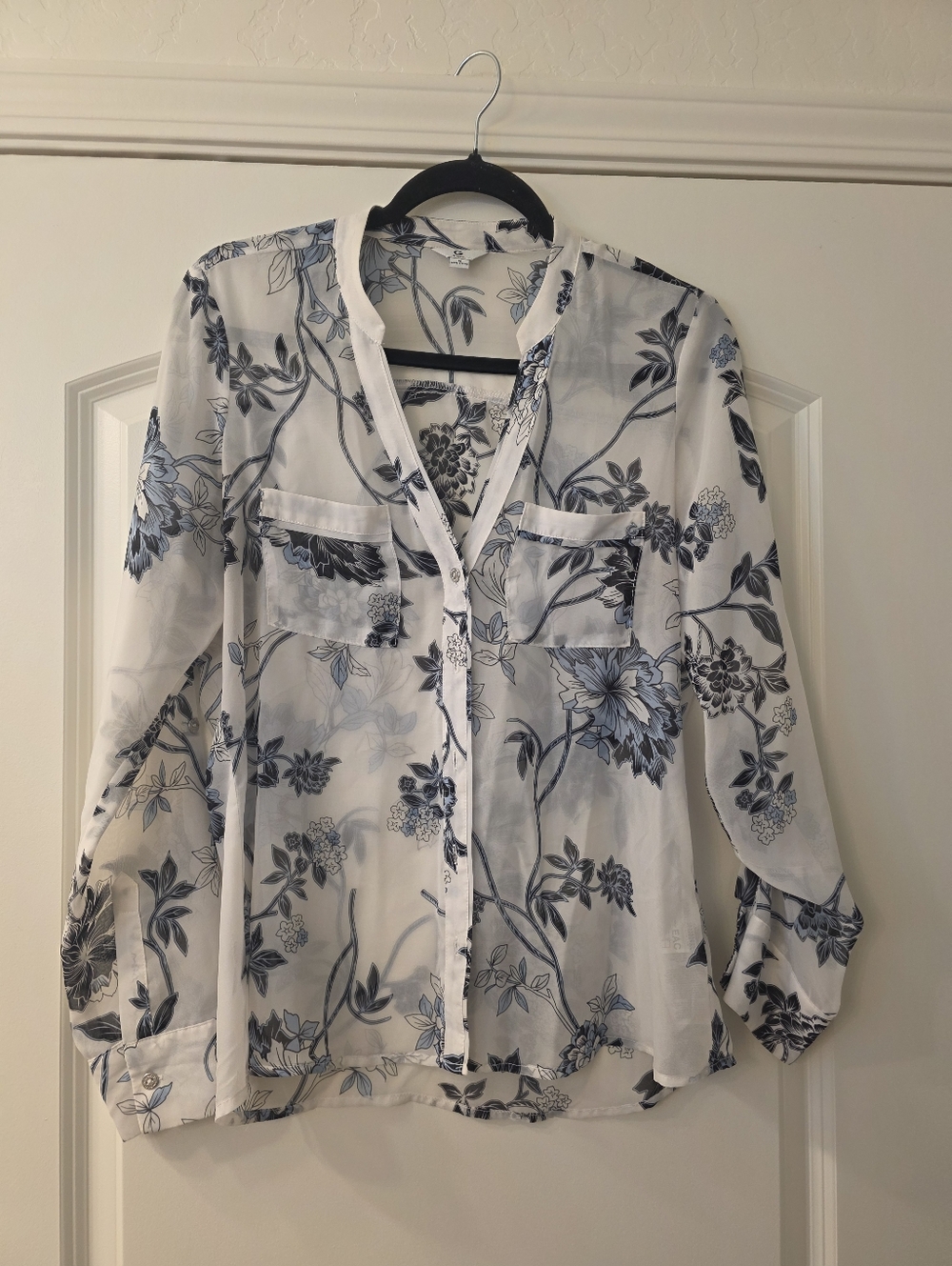 G By Guess Sheer Floral Button-Up Shirt in White and Blue